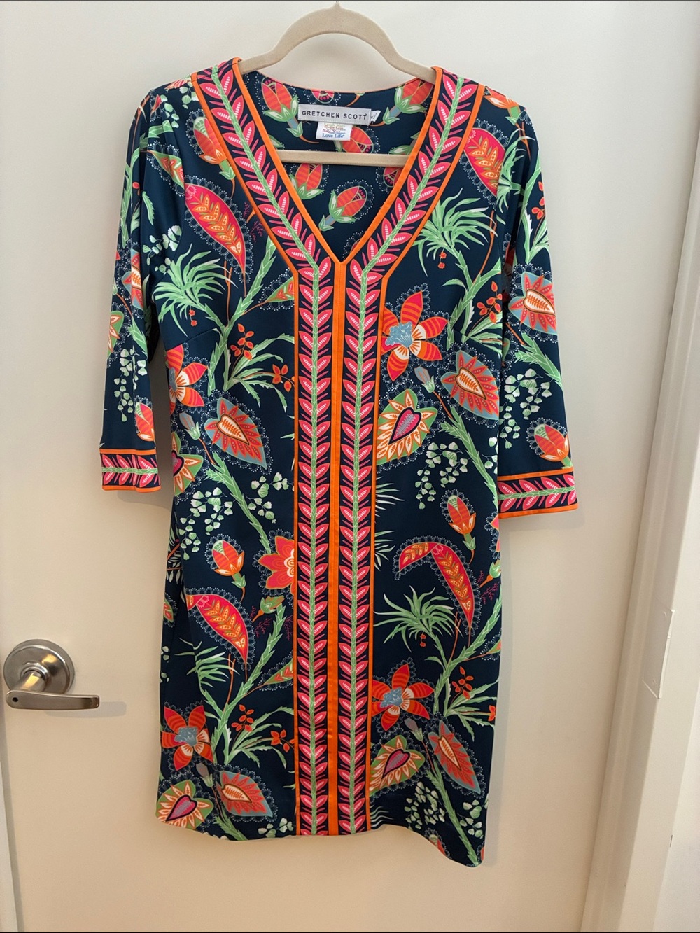 Gretchen Scott Designs Navy Floral V-Neck Shift with Coral Trim